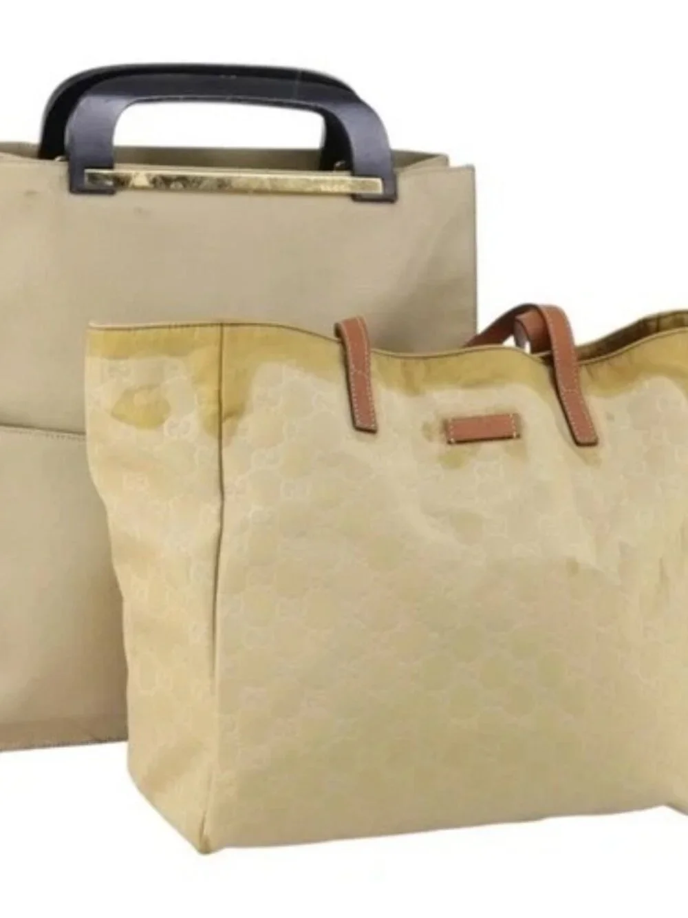 GUCCI GG Canvas Tote Bag Nylon Leather 2 Set Beige Auth 148483